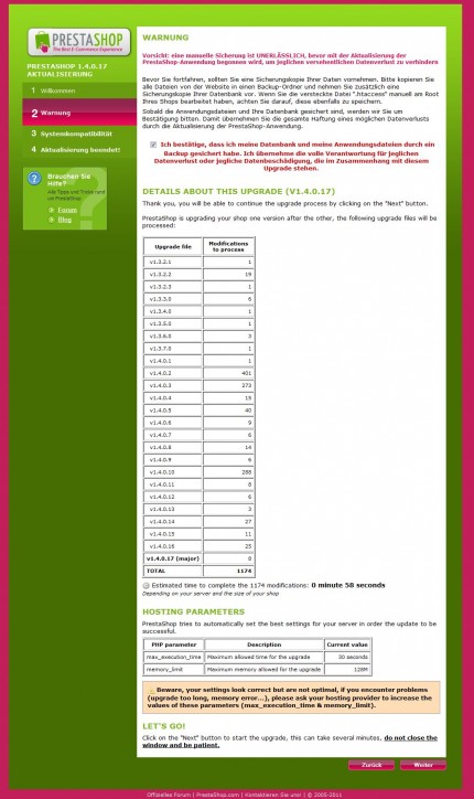 Warnung und Details über das PrestaShop Upgrade