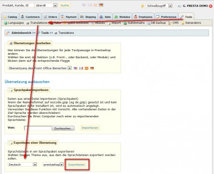 Übersetzungen in PrestaShop 1.3 exportieren
