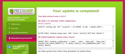 Fehlermeldung nach PrestaShop Update auf Version 1.4