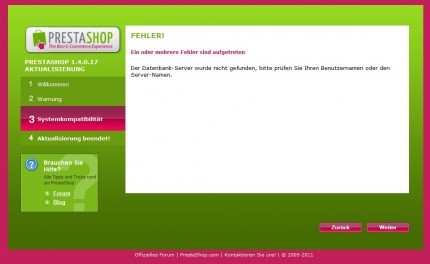 Datenbankfehler im PrestaShop Installer Schritt 3