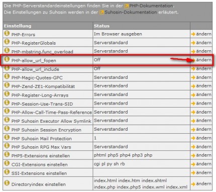 PHP-Einstellungen beim Provider ändern