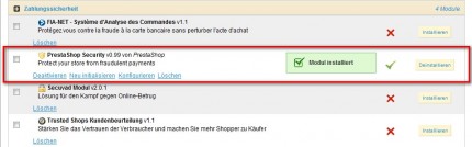 Module PrestaShop Security installiert