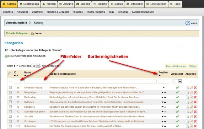 Sortieren und Filtern im PrestaShop Katalog