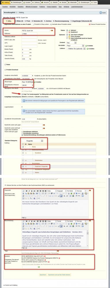 Produkt bearbeiten: die wichtigsten Felder sind rot hervorgehoben