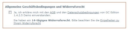 Bestellvorgang mit AGB, Datenschutz und Widerruf