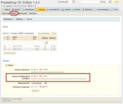 Steuern im Warenkorb aktivieren