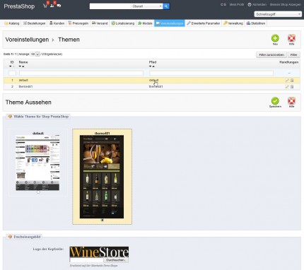 Das Free Winestore Theme von Templatemonster wird aktiviert