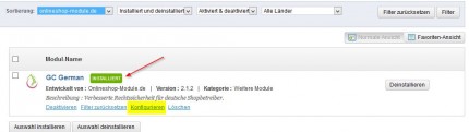 Installiertes Modul GC German, bereit zur Konfiguration