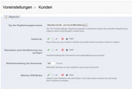 Konfiguration von Kunden unter den Voreinstellungen