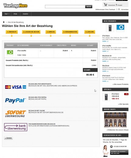 Nahtlose Integration der Ogone Zahlungsarten im 5-Schritte Bestellvorgang von PrestaShop