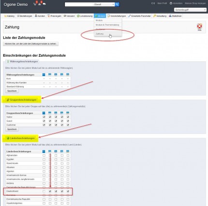 Einschränkungen der Zahlungsmodule für Kundengruppen und Länder