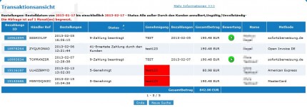 Liste der Transaktionen mit Auflistung der Zahlungsmethoden