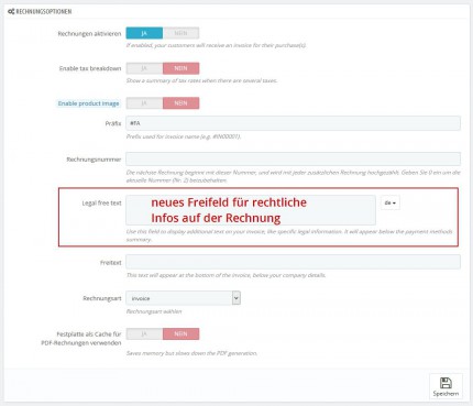 Neue Optionen wie das Freifeld für Rechtsinfos auf der Rechnung