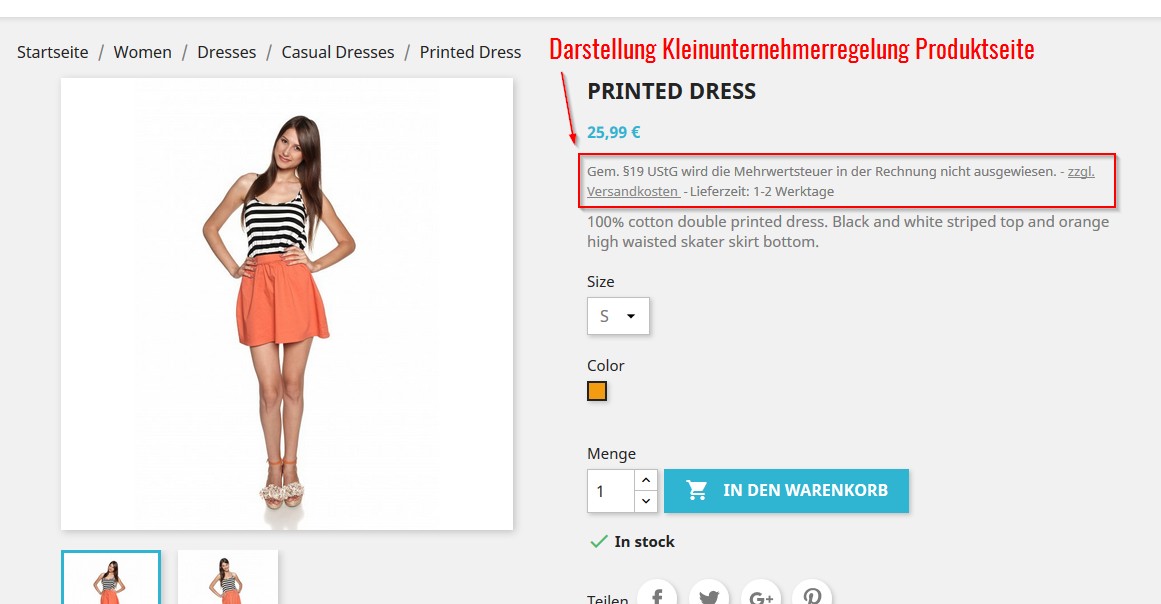 Anzeige der Kleinunternehmerregelung in PrestaShop 1.7 auf der Produktseite